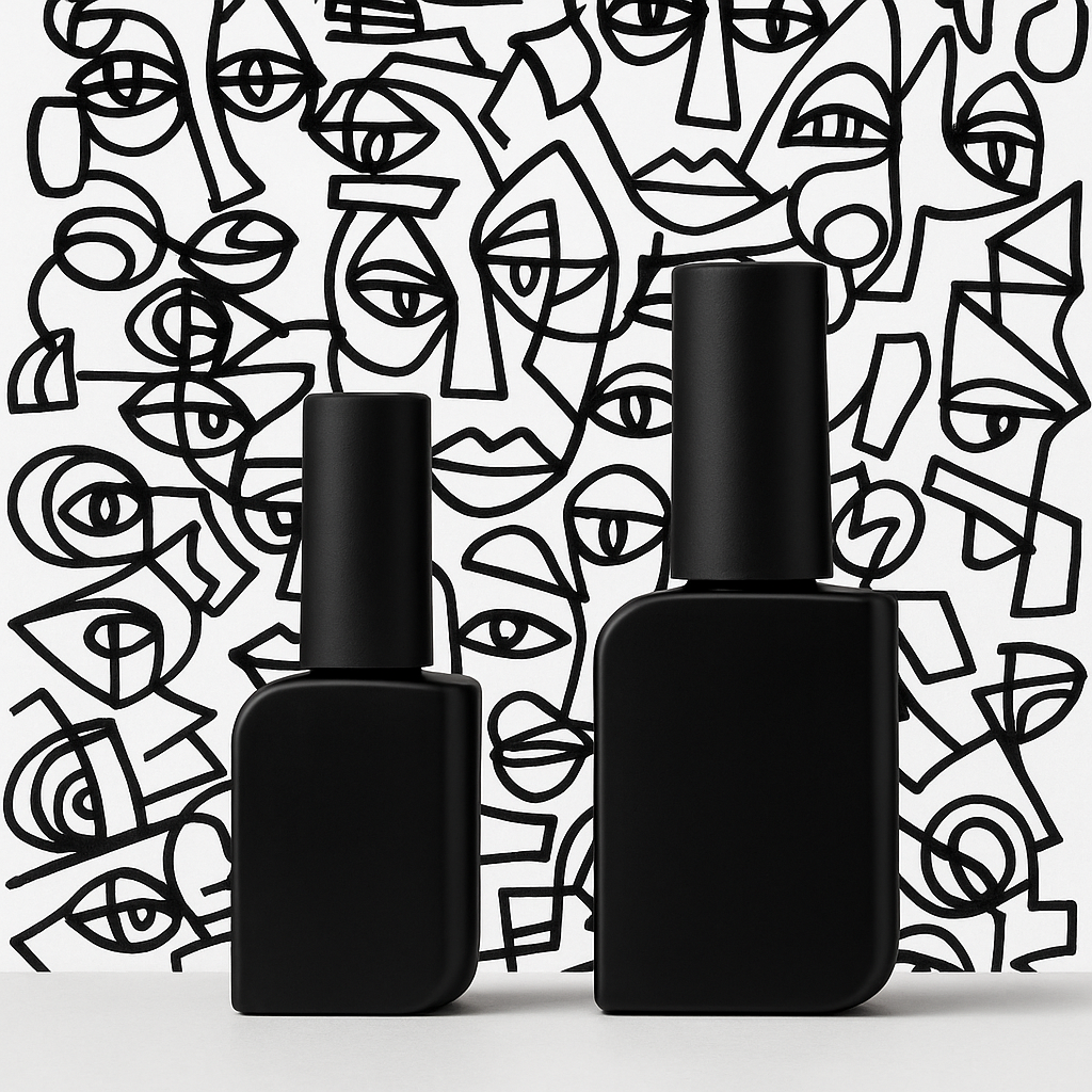 Set 100 Sticluțe Goale din Sticlă Mată Neagră cu Capac – 10ml/15ml pentru Lacuri Unghii, Geluri, Cosmetice – Bonus Stickere Logo