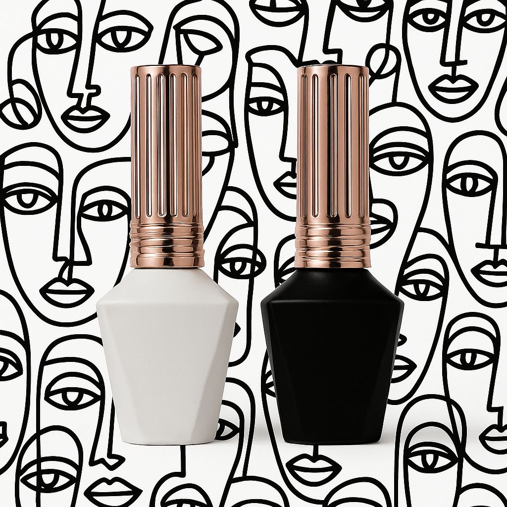 Set 100 Sticluțe Goale 12ml din Sticlă Mată Neagră/Albă cu Capac – Pentru Lacuri Unghii, Geluri, Cosmetice – Bonus Stickere Logo