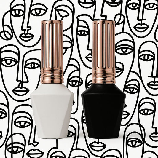 Set 100 Sticluțe Goale 12ml din Sticlă Mată Neagră/Albă cu Capac – Pentru Lacuri Unghii, Geluri, Cosmetice – Bonus Stickere Logo