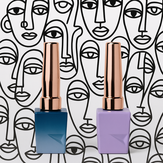 Set 6 Sticluțe Pătrate din Sticlă 10ml Albastru/Violet pentru Lacuri Gel – Cu Pâlnii și Design Anti-Scurgere