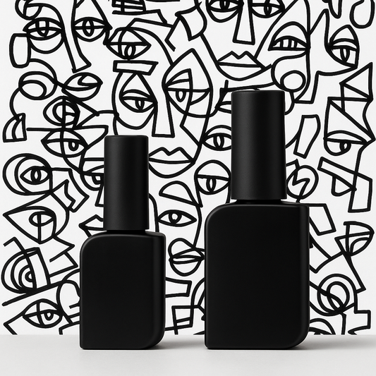 Set 100 Sticluțe Goale din Sticlă Mată Neagră cu Capac – 10ml/15ml pentru Lacuri Unghii, Geluri, Cosmetice – Bonus Stickere Logo
